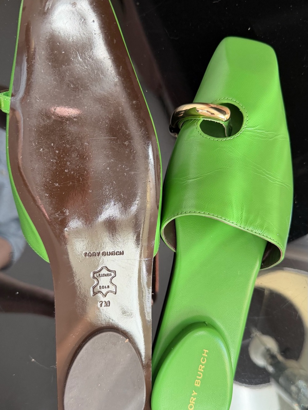Tory Burch Vibrant Lime Green Pointed-Toe Slide Mules with Gold Accent - Picture 9 of 10